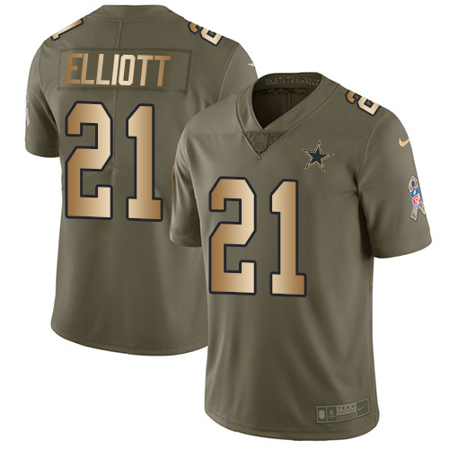 Nike Cowboys #21 Ezekiel Elliott Olive/Gold Youth Stitched NFL Limited 2017 Salute to Service Jersey