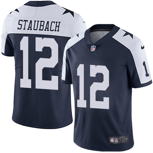 Nike Cowboys #12 Roger Staubach Navy Blue Thanksgiving Youth Stitched NFL Vapor Untouchable Limited Throwback Jersey