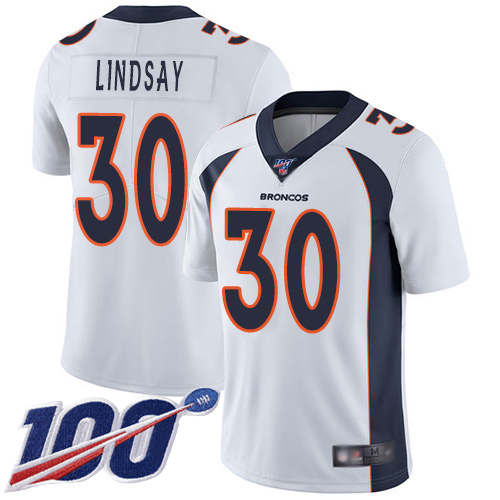 Nike Broncos #30 Phillip Lindsay White Youth Stitched NFL 100th Season Vapor Limited Jersey