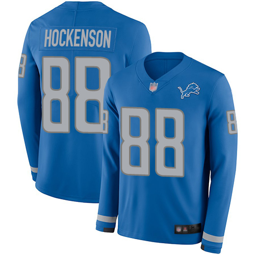 Nike Lions #88 T.J. Hockenson Blue Team Color Youth Stitched NFL Limited Therma Long Sleeve Jersey