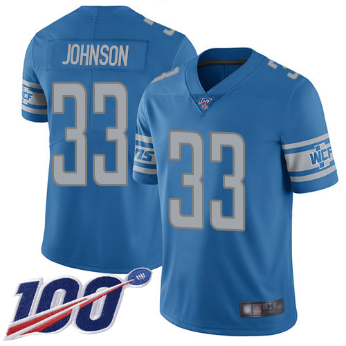 Nike Lions #33 Kerryon Johnson Blue Team Color Youth Stitched NFL 100th Season Vapor Limited Jersey