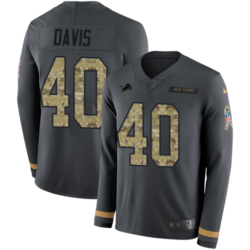 Nike Lions #40 Jarrad Davis Anthracite Salute to Service Youth Stitched NFL Limited Therma Long Sleeve Jersey