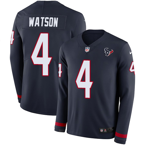 Nike Texans #4 Deshaun Watson Navy Blue Team Color Youth Stitched NFL Limited Therma Long Sleeve Jersey