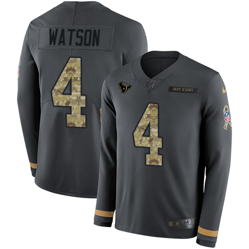 Nike Texans #4 Deshaun Watson Anthracite Salute to Service Youth Stitched NFL Limited Therma Long Sleeve Jersey