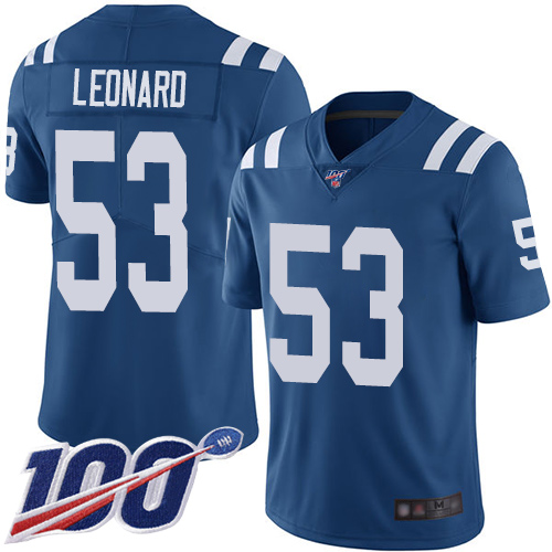 Nike Colts #53 Darius Leonard Royal Blue Team Color Youth Stitched NFL 100th Season Vapor Limited Jersey