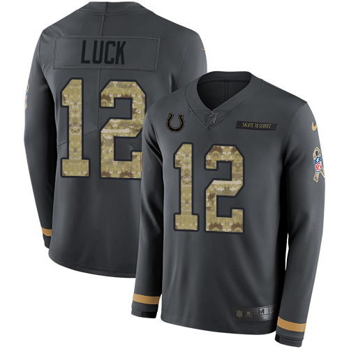 Nike Colts #12 Andrew Luck Anthracite Salute to Service Youth Stitched NFL Limited Therma Long Sleeve Jersey