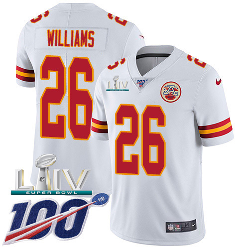 Nike Chiefs #26 Damien Williams White Super Bowl LIV 2020 Youth Stitched NFL 100th Season Vapor Untouchable Limited Jersey