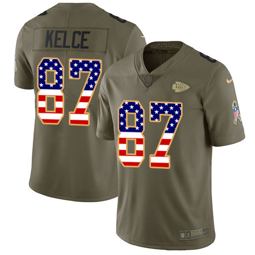 Nike Chiefs #87 Travis Kelce Olive/USA Flag Youth Stitched NFL Limited 2017 Salute to Service Jersey