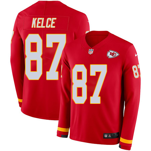 Nike Chiefs #87 Travis Kelce Red Team Color Youth Stitched NFL Limited Therma Long Sleeve Jersey