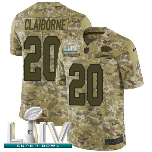Nike Chiefs #20 Morris Claiborne Camo Super Bowl LIV 2020 Youth Stitched NFL Limited 2018 Salute To Service Jersey