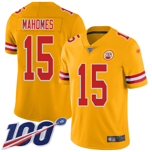 Nike Chiefs #15 Patrick Mahomes Gold Youth Stitched NFL Limited Inverted Legend 100th Season Jersey