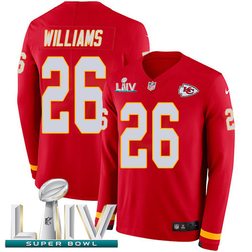 Nike Chiefs #26 Damien Williams Red Super Bowl LIV 2020 Team Color Youth Stitched NFL Limited Therma Long Sleeve Jersey