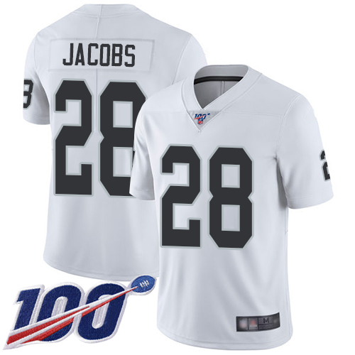 Nike Raiders #28 Josh Jacobs White Youth Stitched NFL 100th Season Vapor Limited Jersey