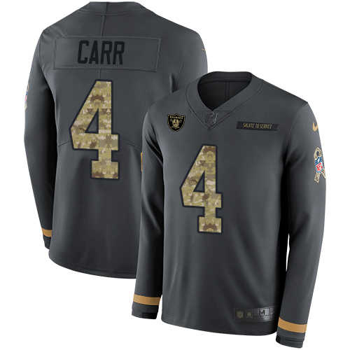 Nike Raiders #4 Derek Carr Anthracite Salute to Service Youth Stitched NFL Limited Therma Long Sleeve Jersey