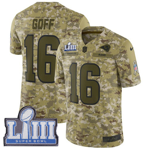 Nike Rams #16 Jared Goff Camo Super Bowl LIII Bound Youth Stitched NFL Limited 2018 Salute to Service Jersey