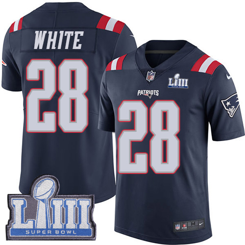 Nike Patriots #28 James White Navy Blue Super Bowl LIII Bound Youth Stitched NFL Limited Rush Jersey