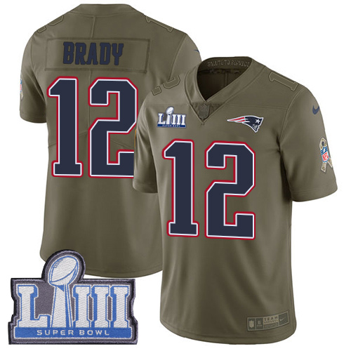 Nike Patriots #12 Tom Brady Olive Super Bowl LIII Bound Youth Stitched NFL Limited 2017 Salute to Service Jersey