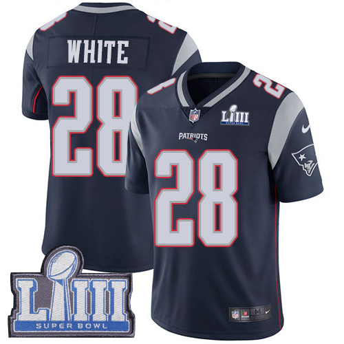 Nike Patriots #28 James White Navy Blue Team Color Super Bowl LIII Bound Youth Stitched NFL Vapor Untouchable Limited Jersey