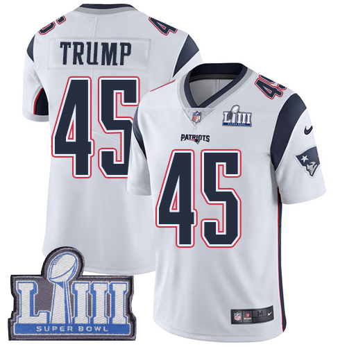 Nike Patriots #45 Donald Trump White Super Bowl LIII Bound Youth Stitched NFL Vapor Untouchable Limited Jersey