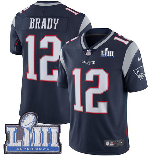 Nike Patriots #12 Tom Brady Navy Blue Team Color Super Bowl LIII Bound Youth Stitched NFL Vapor Untouchable Limited Jersey