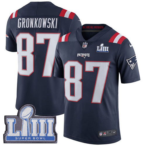 Nike Patriots #87 Rob Gronkowski Navy Blue Super Bowl LIII Bound Youth Stitched NFL Limited Rush Jersey