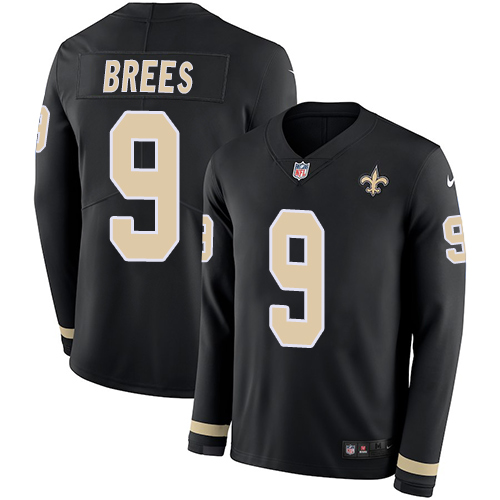 Nike Saints #9 Drew Brees Black Team Color Youth Stitched NFL Limited Therma Long Sleeve Jersey