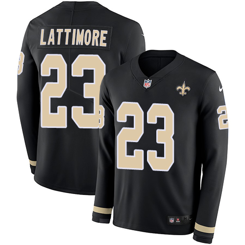 Nike Saints #23 Marshon Lattimore Black Team Color Youth Stitched NFL Limited Therma Long Sleeve Jersey