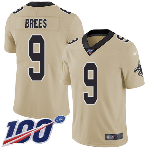 Nike Saints #9 Drew Brees Gold Youth Stitched NFL Limited Inverted Legend 100th Season Jersey