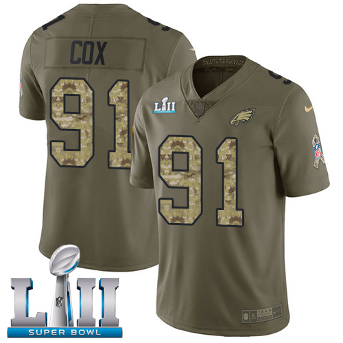 Nike Eagles #91 Fletcher Cox Olive/Camo Super Bowl LII Youth Stitched NFL Limited 2017 Salute to Service Jersey