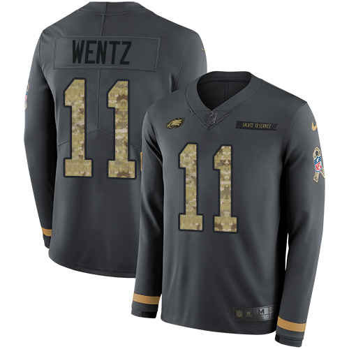 Nike Eagles #11 Carson Wentz Anthracite Salute to Service Youth Stitched NFL Limited Therma Long Sleeve Jersey