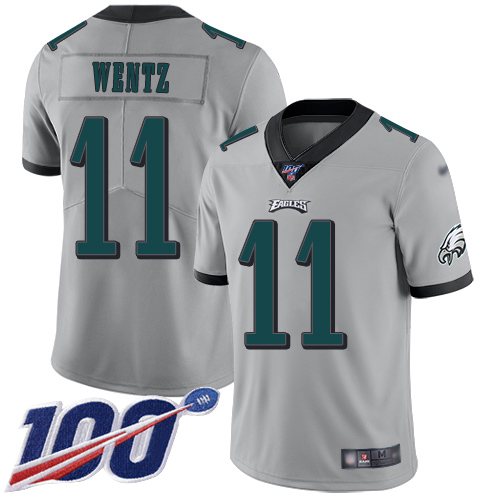 Nike Eagles #11 Carson Wentz Silver Youth Stitched NFL Limited Inverted Legend 100th Season Jersey