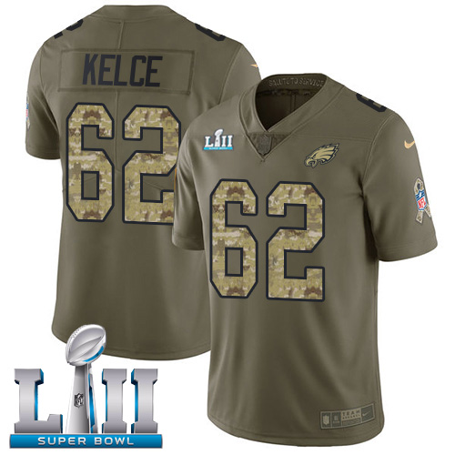 Nike Eagles #62 Jason Kelce Olive/Camo Super Bowl LII Youth Stitched NFL Limited 2017 Salute to Service Jersey