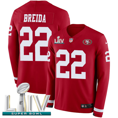 Nike 49ers #22 Matt Breida Red Super Bowl LIV 2020 Team Color Youth Stitched NFL Limited Therma Long Sleeve Jersey