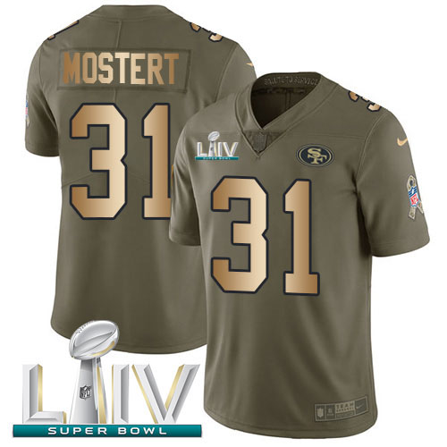 Nike 49ers #31 Raheem Mostert Olive/Gold Super Bowl LIV 2020 Youth Stitched NFL Limited 2017 Salute To Service Jersey
