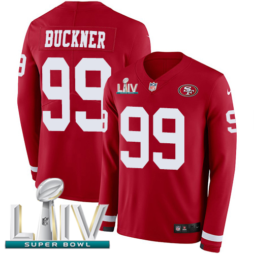 Nike 49ers #99 DeForest Buckner Red Super Bowl LIV 2020 Team Color Youth Stitched NFL Limited Therma Long Sleeve Jersey