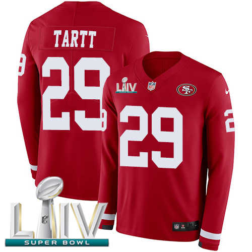 Nike 49ers #29 Jaquiski Tartt Red Super Bowl LIV 2020 Team Color Youth Stitched NFL Limited Therma Long Sleeve Jersey