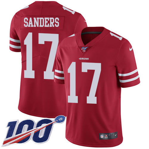 Nike 49ers #17 Emmanuel Sanders Red Team Color Youth Stitched NFL 100th Season Vapor Limited Jersey
