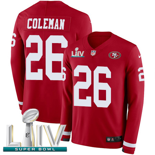Nike 49ers #26 Tevin Coleman Red Super Bowl LIV 2020 Team Color Youth Stitched NFL Limited Therma Long Sleeve Jersey