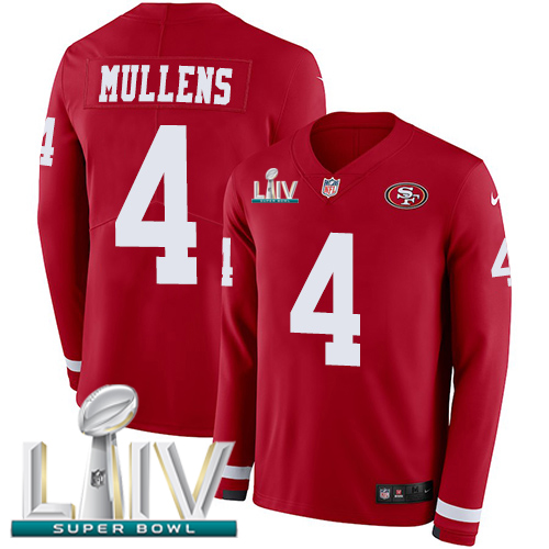 Nike 49ers #4 Nick Mullens Red Super Bowl LIV 2020 Team Color Youth Stitched NFL Limited Therma Long Sleeve Jersey