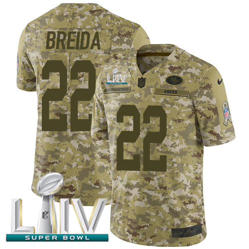 Nike 49ers #22 Matt Breida Camo Super Bowl LIV 2020 Youth Stitched NFL Limited 2018 Salute To Service Jersey