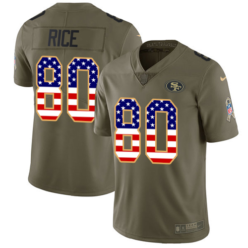 Nike 49ers #80 Jerry Rice Olive/USA Flag Youth Stitched NFL Limited 2017 Salute to Service Jersey