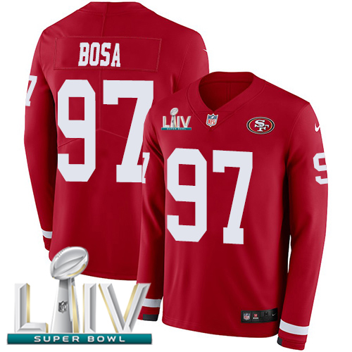 Nike 49ers #97 Nick Bosa Red Super Bowl LIV 2020 Team Color Youth Stitched NFL Limited Therma Long Sleeve Jersey