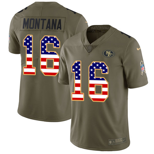 Nike 49ers #16 Joe Montana Olive/USA Flag Youth Stitched NFL Limited 2017 Salute to Service Jersey