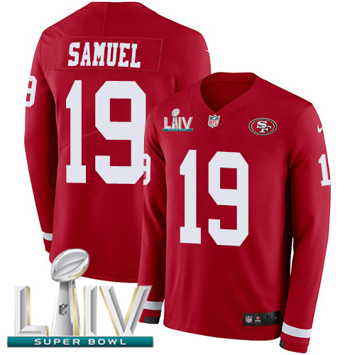 Nike 49ers #19 Deebo Samuel Red Super Bowl LIV 2020 Team Color Youth Stitched NFL Limited Therma Long Sleeve Jersey