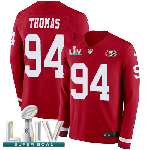 Nike 49ers #94 Solomon Thomas Red Super Bowl LIV 2020 Team Color Youth Stitched NFL Limited Therma Long Sleeve Jersey