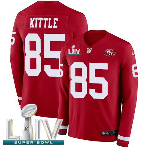 Nike 49ers #85 George Kittle Red Super Bowl LIV 2020 Team Color Youth Stitched NFL Limited Therma Long Sleeve Jersey