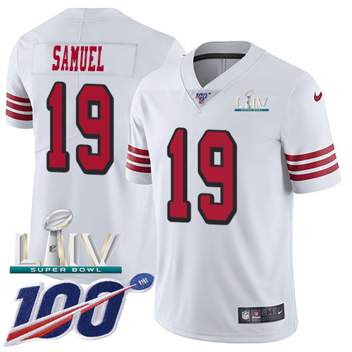 Nike 49ers #19 Deebo Samuel White Super Bowl LIV 2020 Rush Youth Stitched NFL Limited 100th Season Jersey