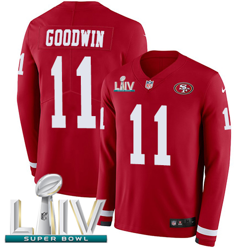 Nike 49ers #11 Marquise Goodwin Red Super Bowl LIV 2020 Team Color Youth Stitched NFL Limited Therma Long Sleeve Jersey