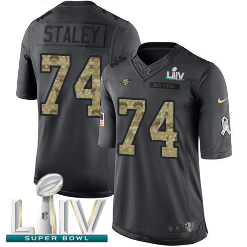Nike 49ers #74 Joe Staley Black Super Bowl LIV 2020 Youth Stitched NFL Limited 2016 Salute to Service Jersey