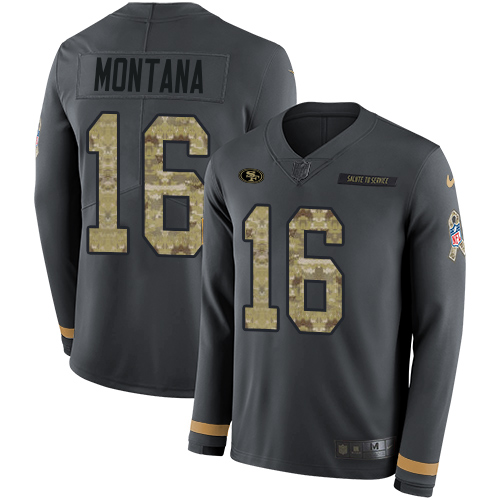 Nike 49ers #16 Joe Montana Anthracite Salute to Service Youth Stitched NFL Limited Therma Long Sleeve Jersey